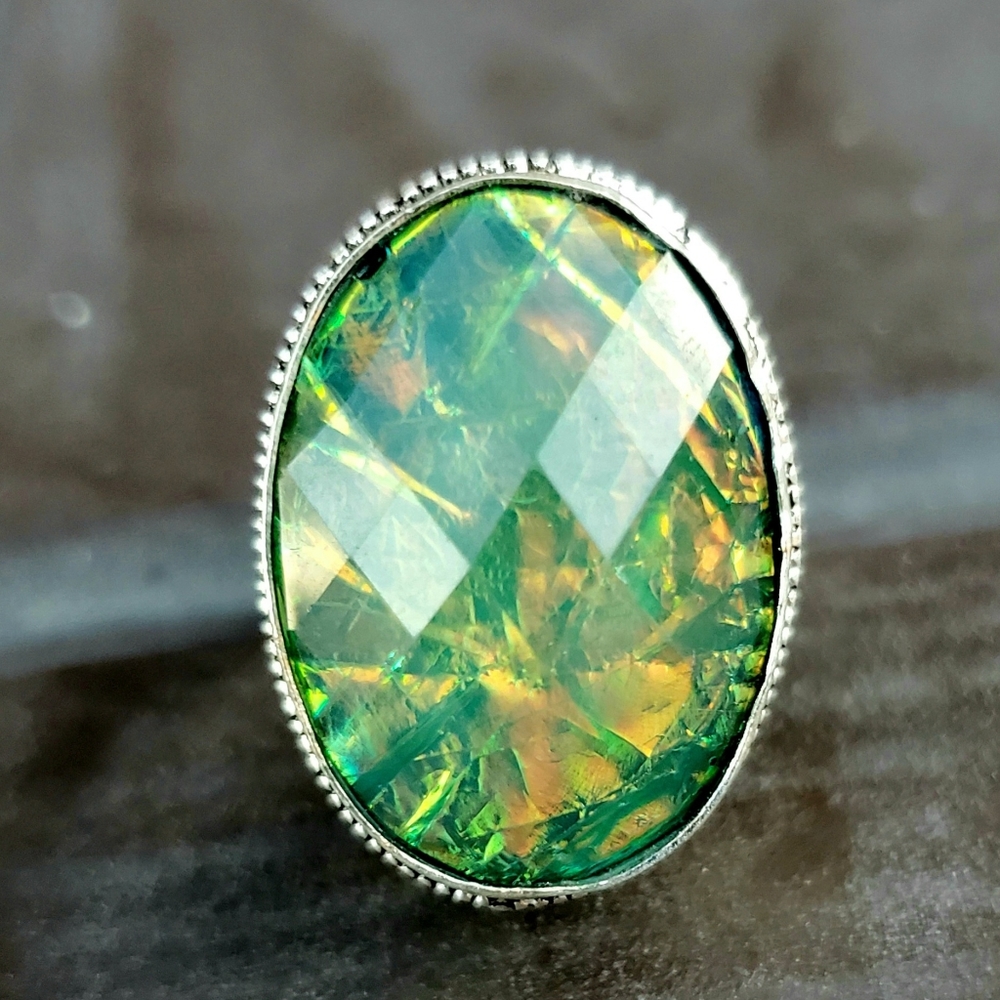 New Faceted Triplet Opal 925 Silver Ring.